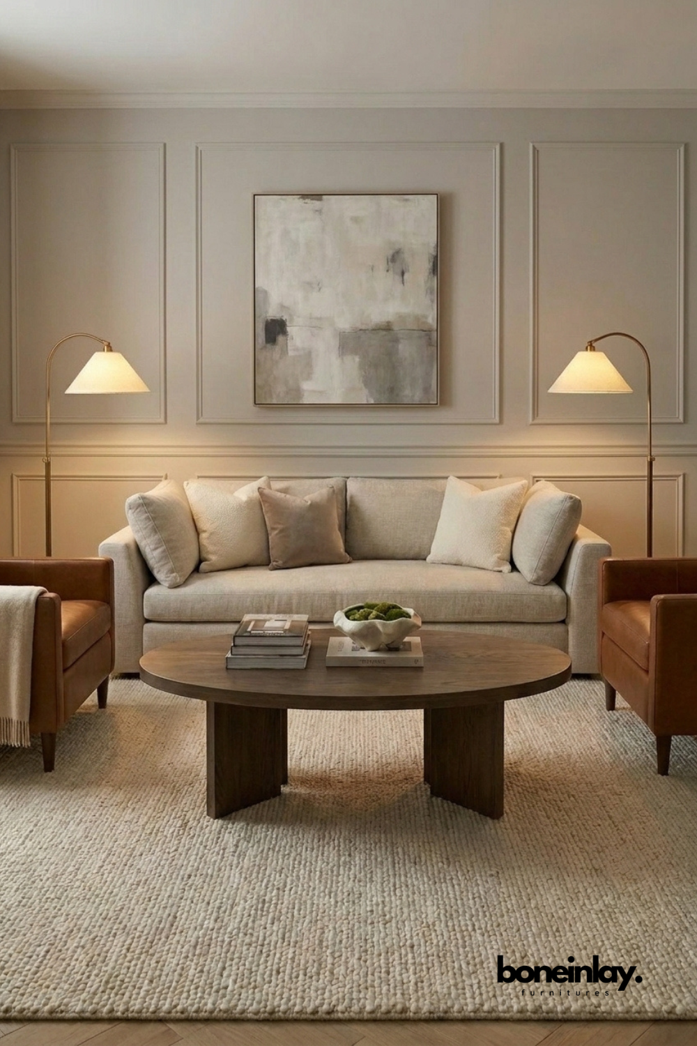 Minimalist oval dark oak wooden coffee table with block .