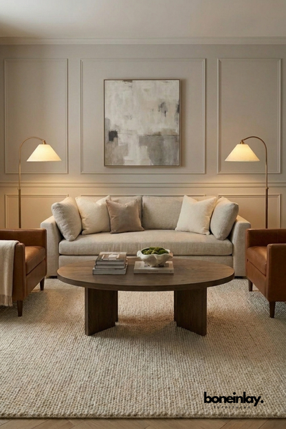 Minimalist oval dark oak wooden coffee table with block .
