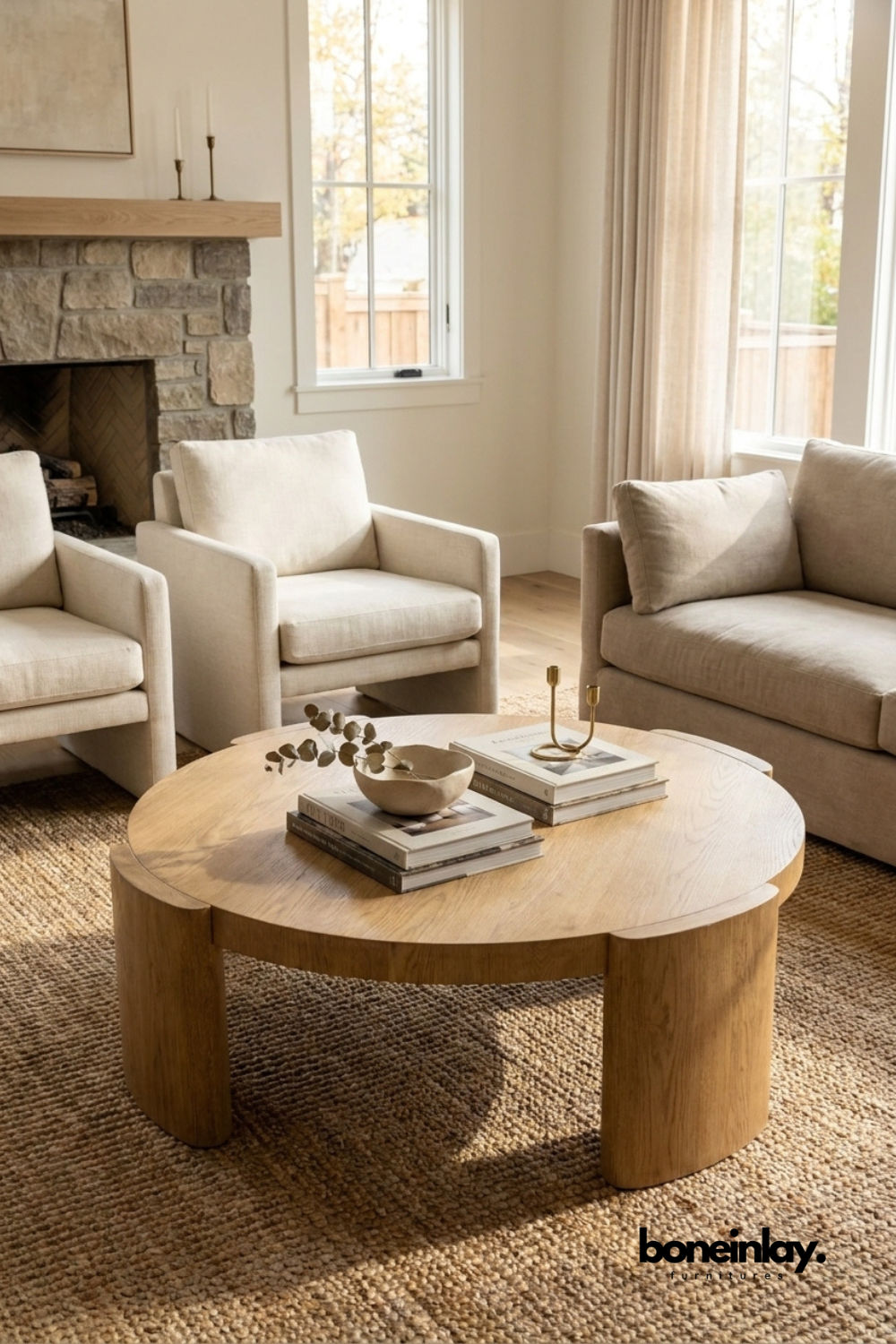 Round natural oak wood coffee table with curved modern base, sustainable Scandinavian style furniture for a minimalist home.
