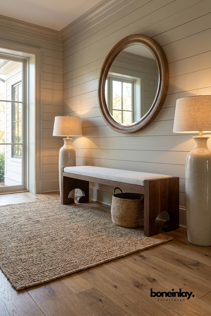 Modern solid wood entryway bench with upholstered seat, minimalist hallway furniture featuring clean lines and contemporary natural wood construction.