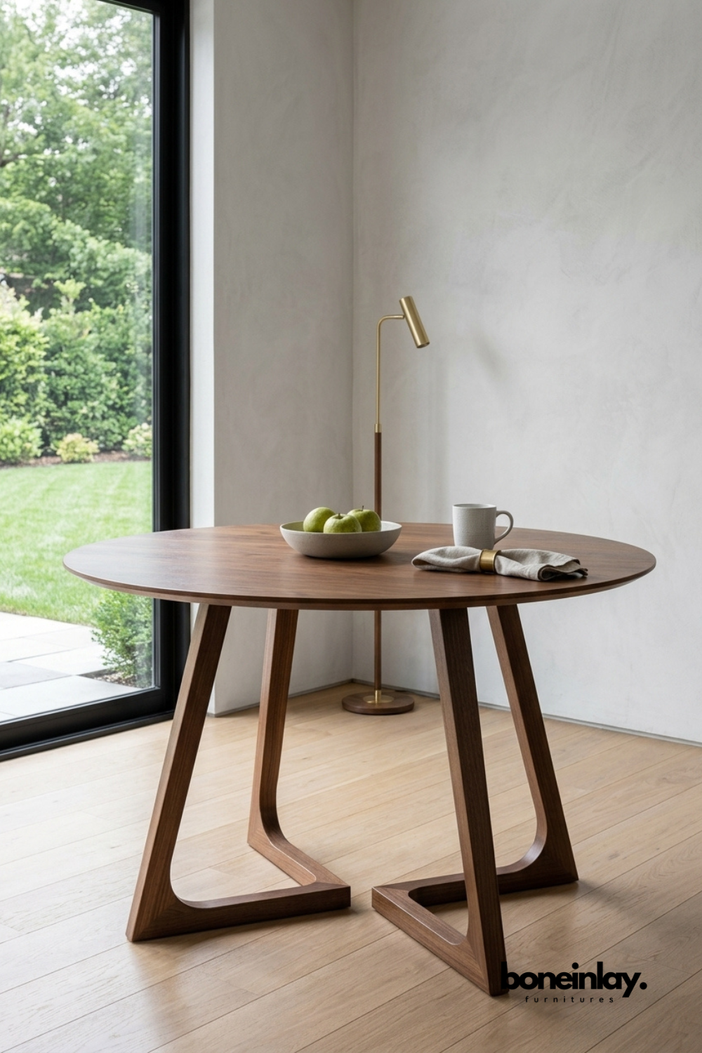 Modern round solid wood dining table with sculptural geometric pedestal base in walnut finish for contemporary dining room or breakfast nook.