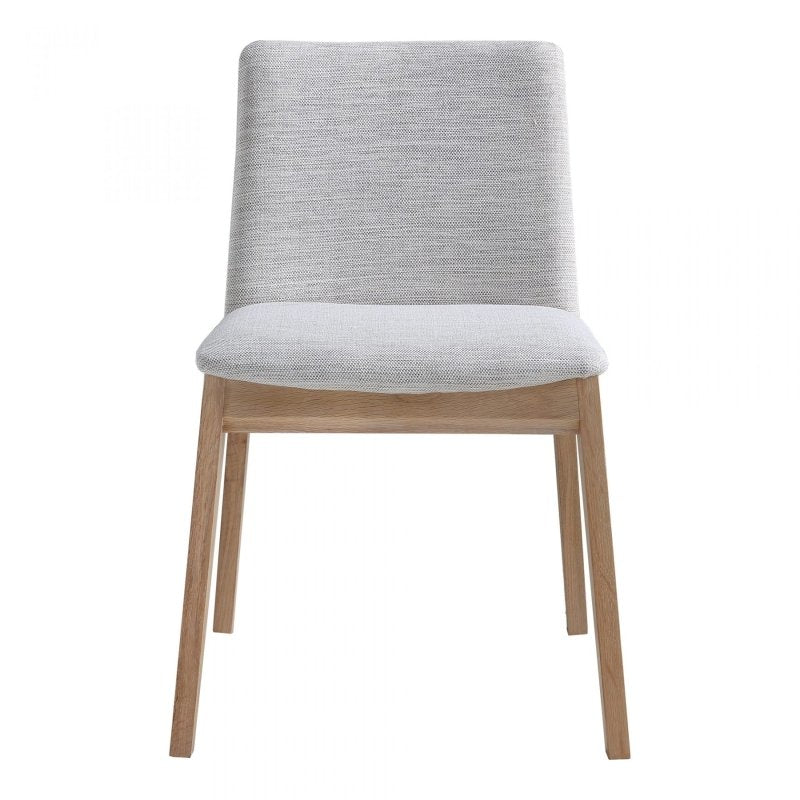 Front view of a modern minimalist dining chair with light wood legs and grey fabric upholstery against a white background.