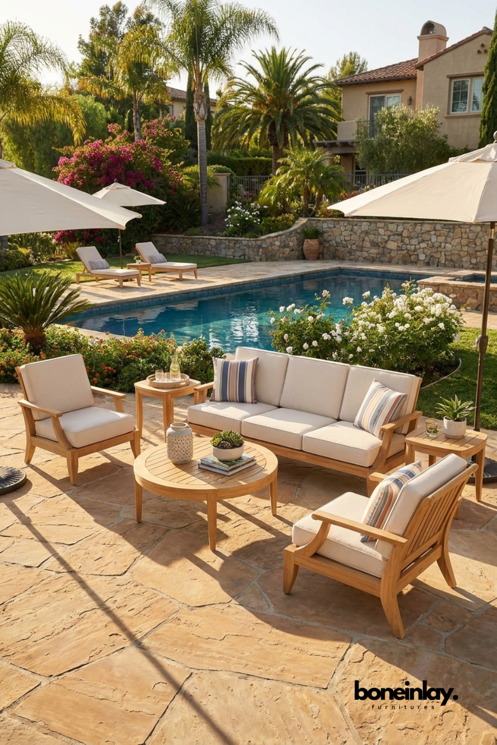 Natural Teak Wood Outdoor Patio Conversation Set with Cream Cushions and Matching Ottoman