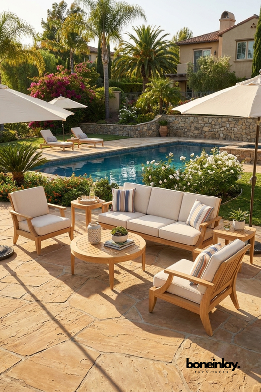 Natural Teak Wood Outdoor Patio Conversation Set with Cream Cushions and Matching Ottoman