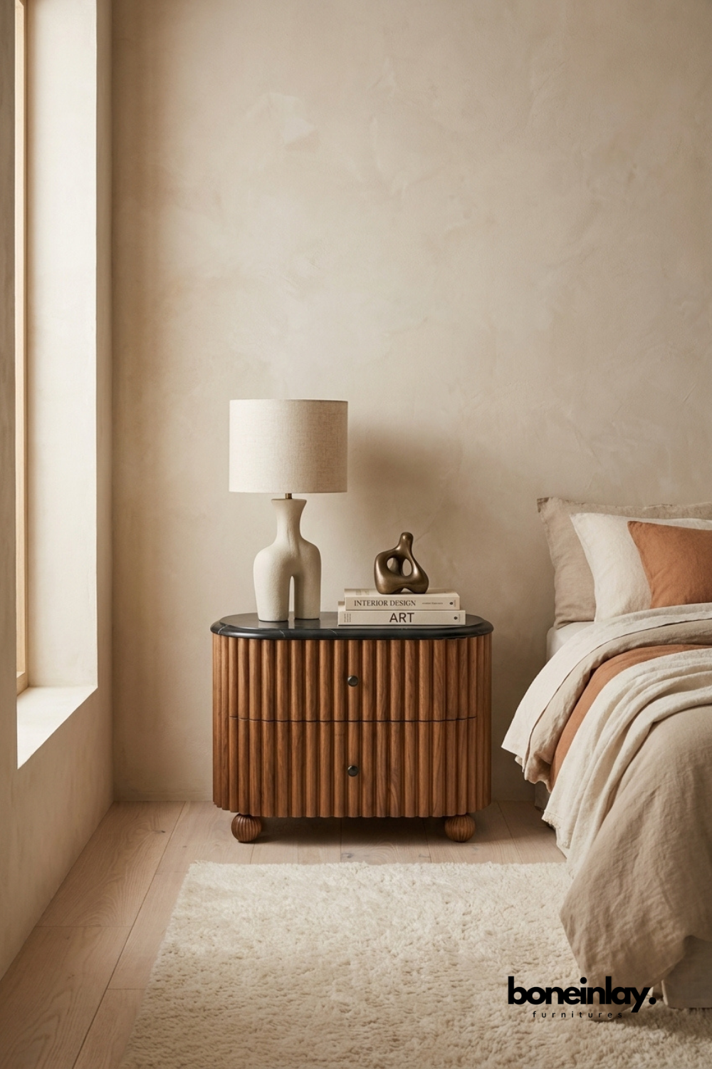 Modern Fluted Wood Nightstand with Black Top in Minimalist Bedroom