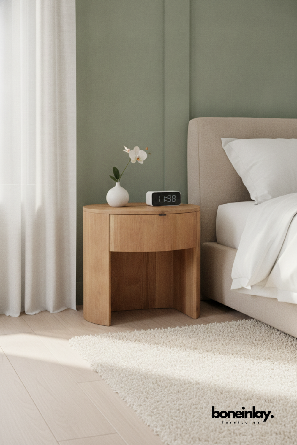 Modern Round Wooden Bedside Table with Open Shelf Storage