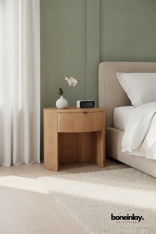 Modern Round Wooden Bedside Table with Open Shelf Storage