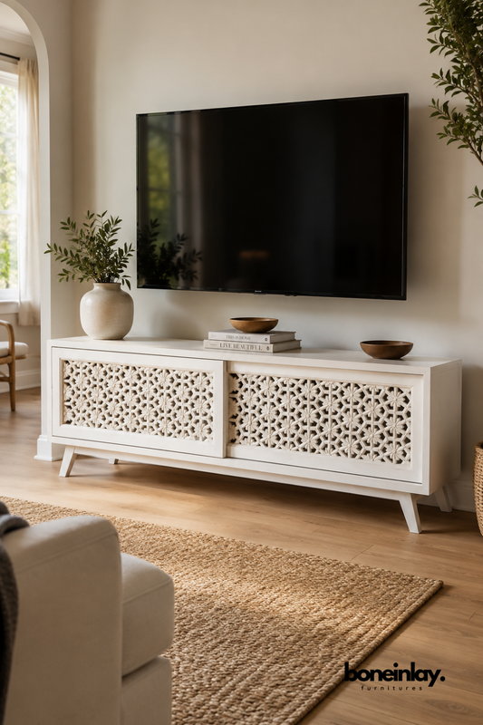 White carved wood TV console with a star lattice pattern on sliding doors.
Two sliding cabinet doors provide hidden storage for media equipment.
Tapered wood legs give it a light, mid-century silhouette.
Styled beneath a mounted TV in a bright, boho-inspired living room.