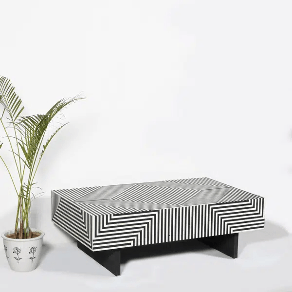 Monochrome handmade bone inlay striped rectangle coffee table with black wooden legs, artisan crafted luxury center table for living room
