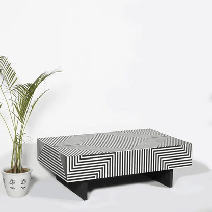 Monochrome handmade bone inlay striped rectangle coffee table with black wooden legs, artisan crafted luxury center table for living room