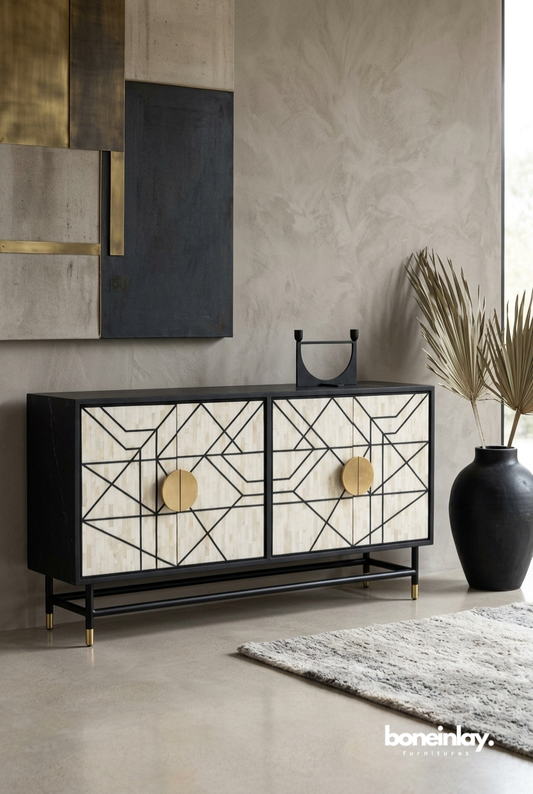 Monochrome geometric bone inlay sideboard with brass circular pulls and black metal trestle base, handcrafted four-door storage cabinet