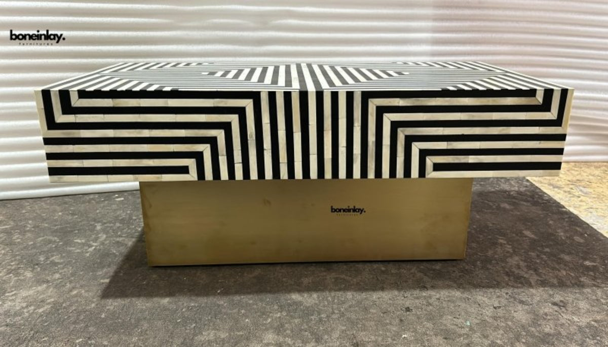 Monochrome stripe pattern bone inlay rectangular table with gold plinth stand, handmade artisan furniture piece