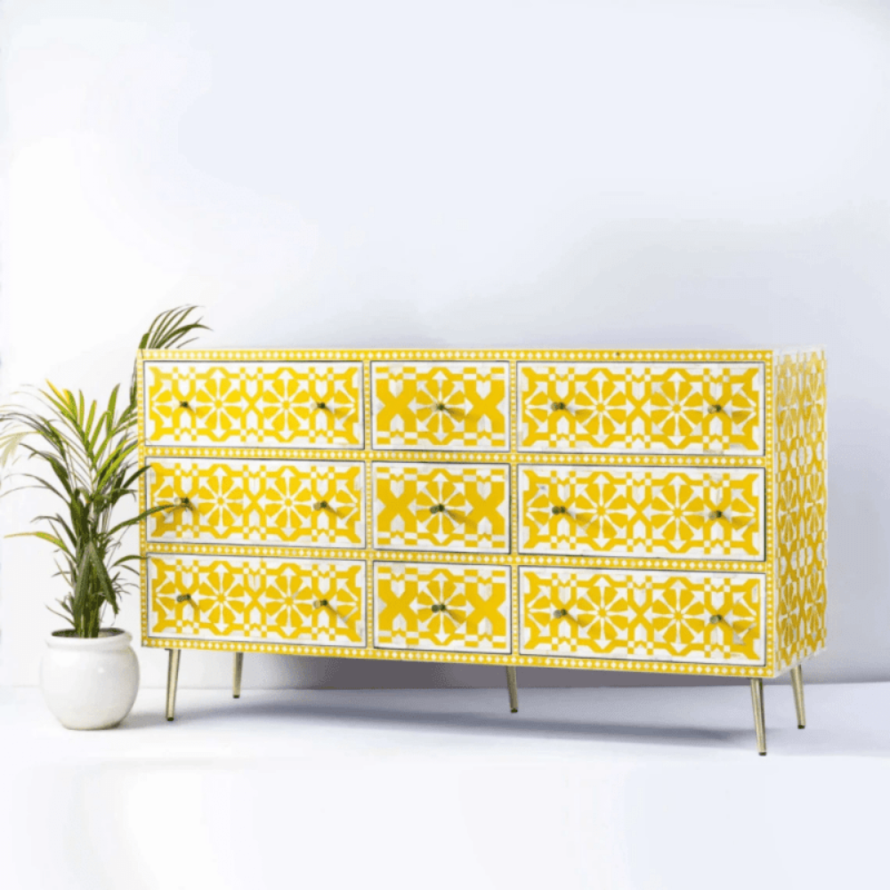 bone inlay cabinet in Moroccan design, front-facing view across the inlaid nine-drawer storage front