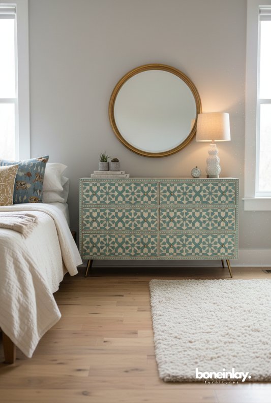 Aqua Blue Geometric Bone Inlay 6 Drawer Dresser | Handmade Bone Inlay Bedroom Furniture