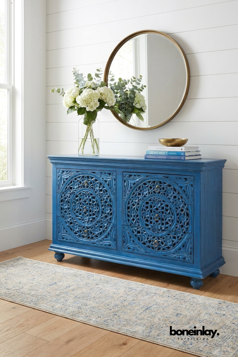 Handcrafted blue carved solid wood sideboard with intricate circular floral carvings, multiple storage drawers, and vintage inspired design for living room or dining room.Moroccan Lattice Hand-Carved Blue 6-Drawer Dresser