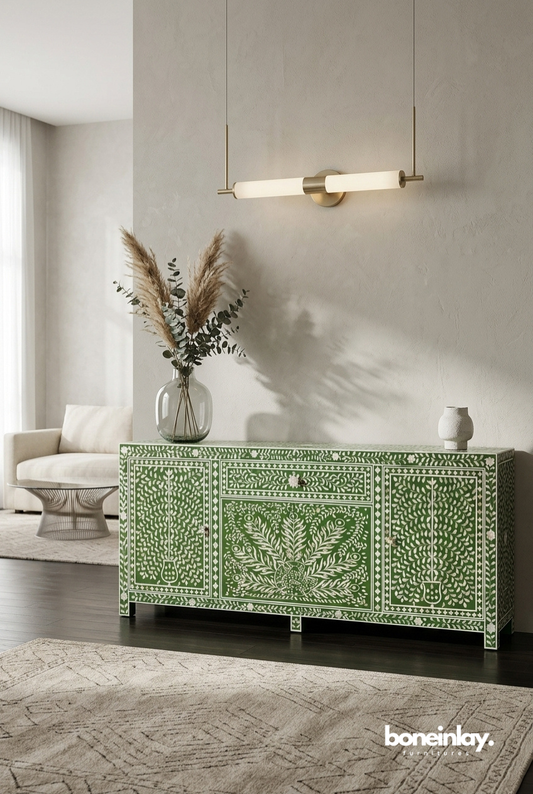 Green mother of pearl peacock design large credenza cabinet styled in a modern luxury living room setting