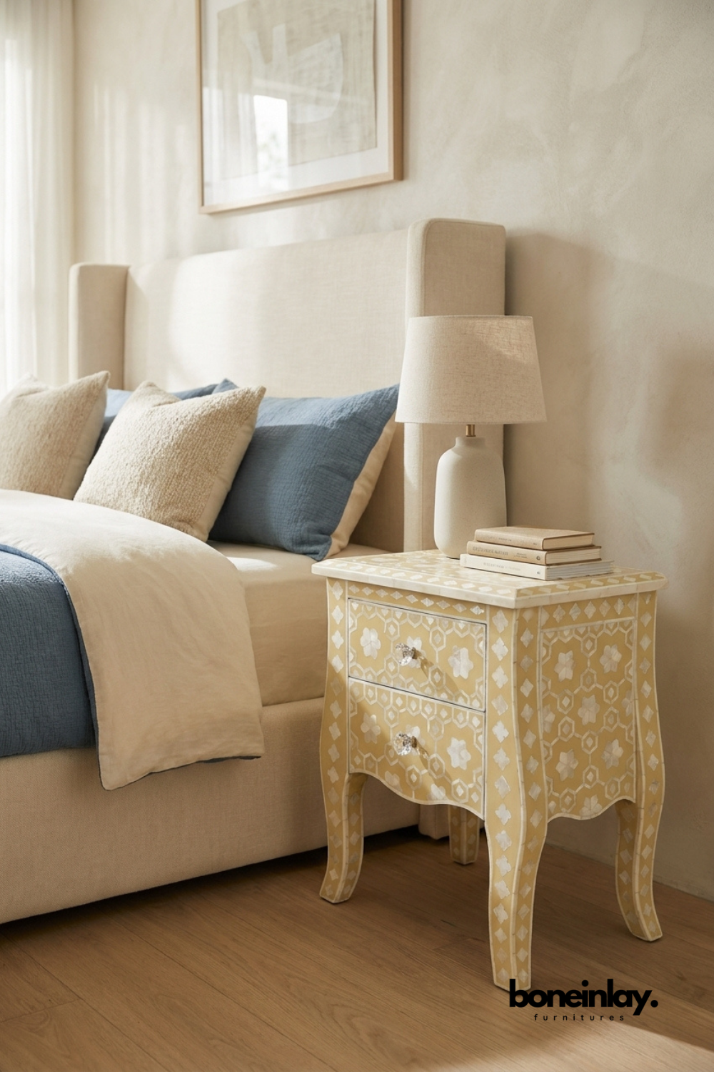 Mustard Yellow Nightstand in Bone Inlay with a straight-on view of two drawers, curved legs, and crystal-style knobs