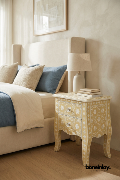 Mustard Yellow Nightstand in Bone Inlay with a straight-on view of two drawers, curved legs, and crystal-style knobs