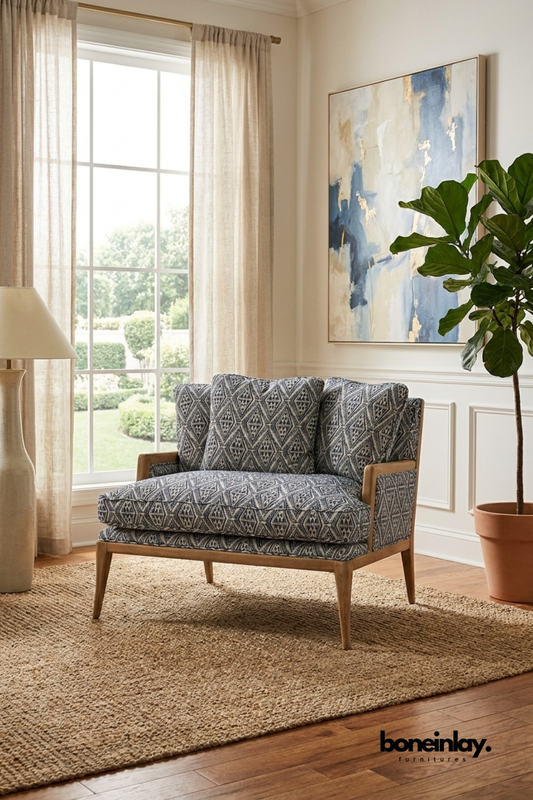 Blue patterned upholstered accent lounge chair with solid wood frame in a bright modern living room, featuring geometric fabric upholstery and mid-century inspired design.