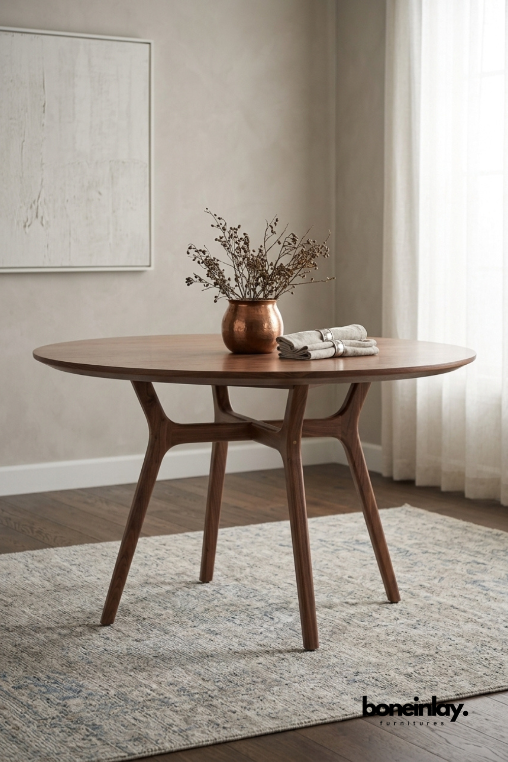 Solid wood round dining table with a smooth walnut finish, sculptural angled legs, and minimalist modern design, handcrafted wooden dining table for contemporary dining room interiors.