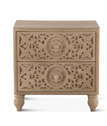 Natural Floral Bedside Table light wood straight-on front view showing two carved drawers and rounded bun feet
