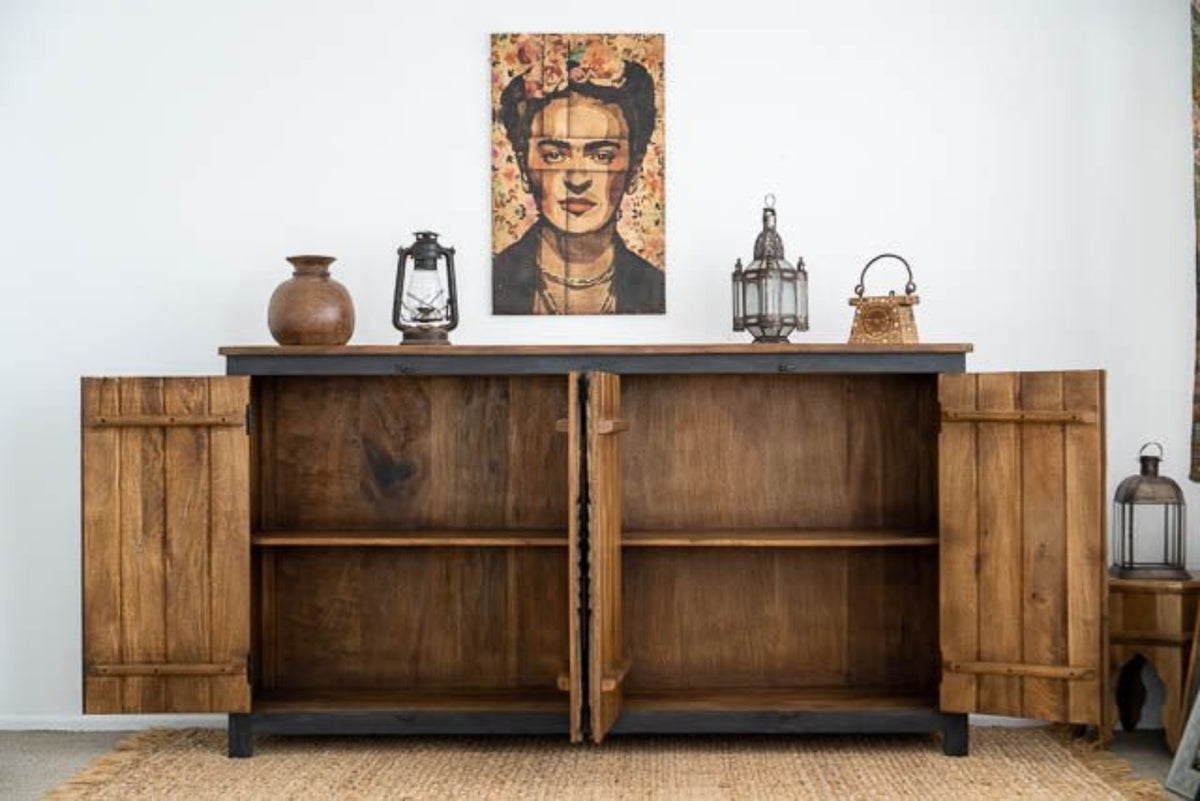 Natural Interior Storage Buffet with a black wood frame in front view, doors open to reveal two shelved sections.