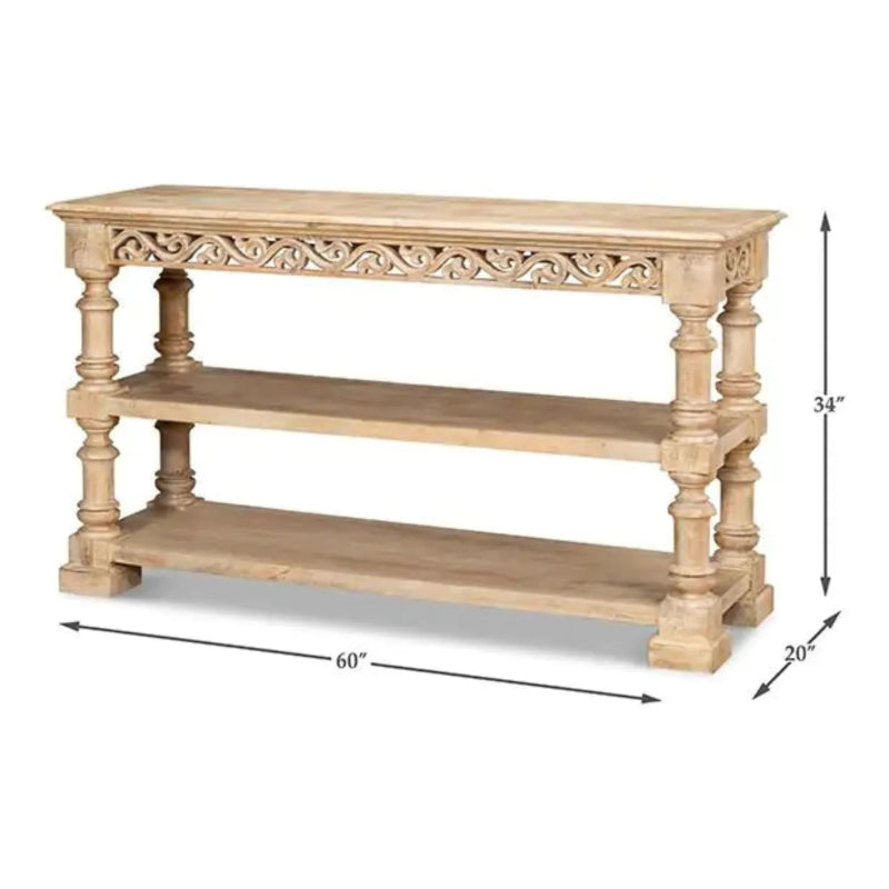 Natural timber occasional table with fretwork apron and open shelves, full front view against a white studio background.