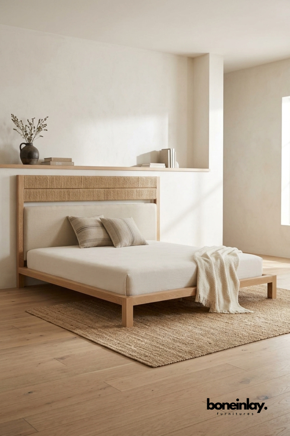 Solid Wood Platform Bed with Upholstered Headboard in Natural Oak Finish, Minimalist Modern Wooden Bed Frame for Contemporary Bedroom, Scandinavian Style Platform Bed Furniture