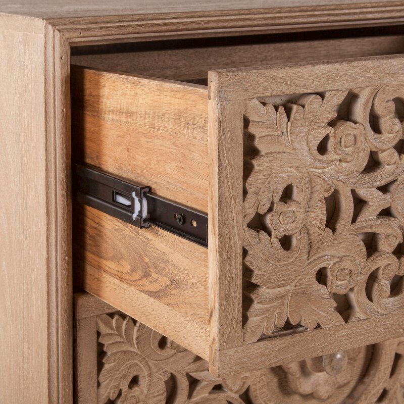Natural Wood Nightstand close-up finish with open carved drawers, floral scrollwork.