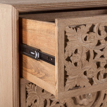 Natural Wood Nightstand close-up finish with open carved drawers, floral scrollwork.
