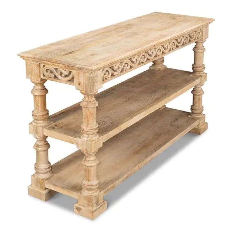 Natural wood entryway table with open shelves and turned legs, side profile against a white studio background.