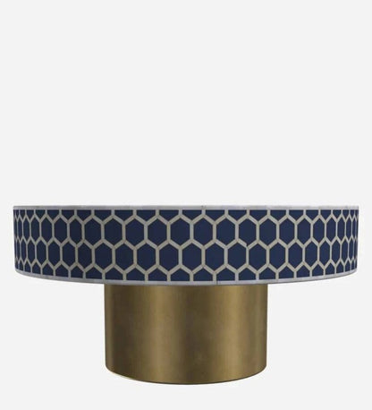 Navy blue and white honeycomb pattern bone inlay round coffee table with cylindrical brass pedestal base – luxury handmade solid wood furniture