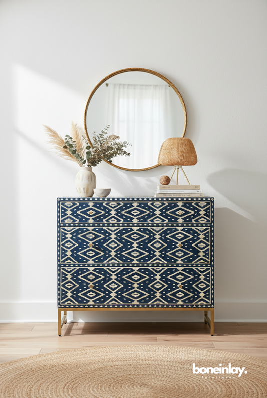 Navy blue ikat bone inlay three-drawer dresser with white camel bone geometric ikat pattern and gold brass metal base, styled in a modern bedroom with round mirror
