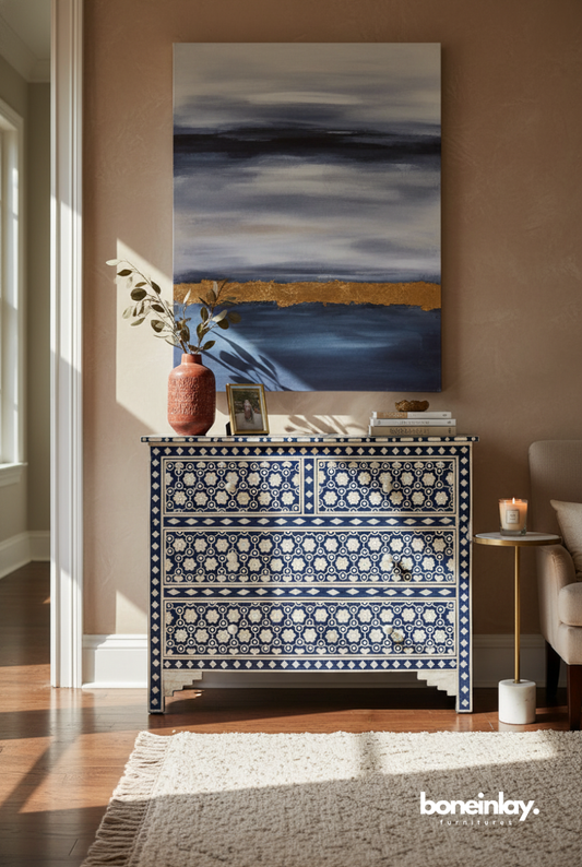 Navy Blue Moroccan Star bone inlay dresser styled in a warm living room setting, featuring 4-drawer storage, handcrafted hexagonal geometric pattern on mango wood frame.
