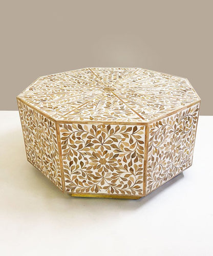 Octagonal bone inlay accent coffee table featuring intricate beige and champagne leaf mosaic design on all eight panels, displayed on a clean white surface