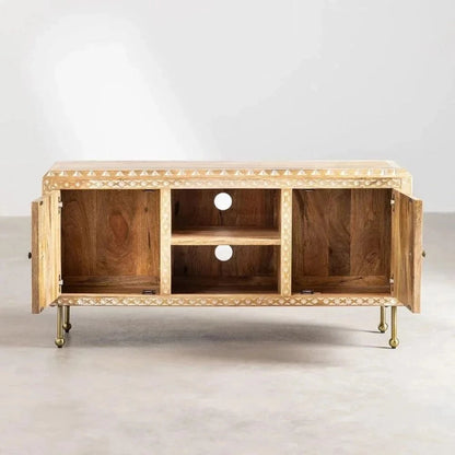 Albaron entertainment console with an open center and cabinet storage on both sides, shown in a front view.