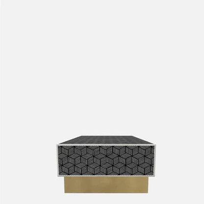 Front view of Optical Cube Monochrome Bone Inlay Coffee Table highlighting the solid brass base and black-white geometric inlay pattern.
