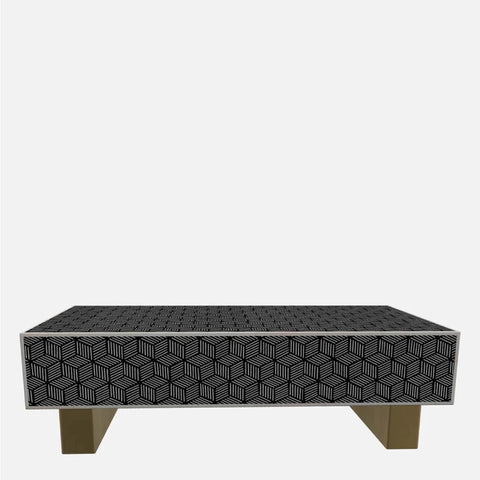 Optical Cube Monochrome Bone Inlay Coffee Table on brass legs, full product view against white background, handcrafted geometric pattern.