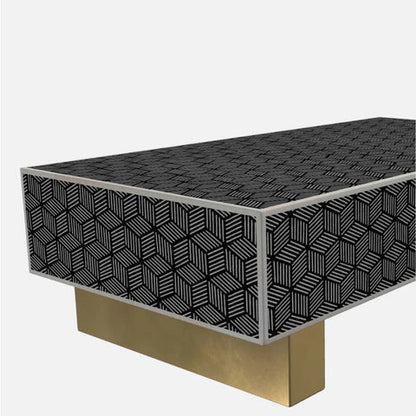 Close-up corner detail of Optical Cube Monochrome Bone Inlay Coffee Table showing intricate black and white cube inlay craftsmanship and brass leg.