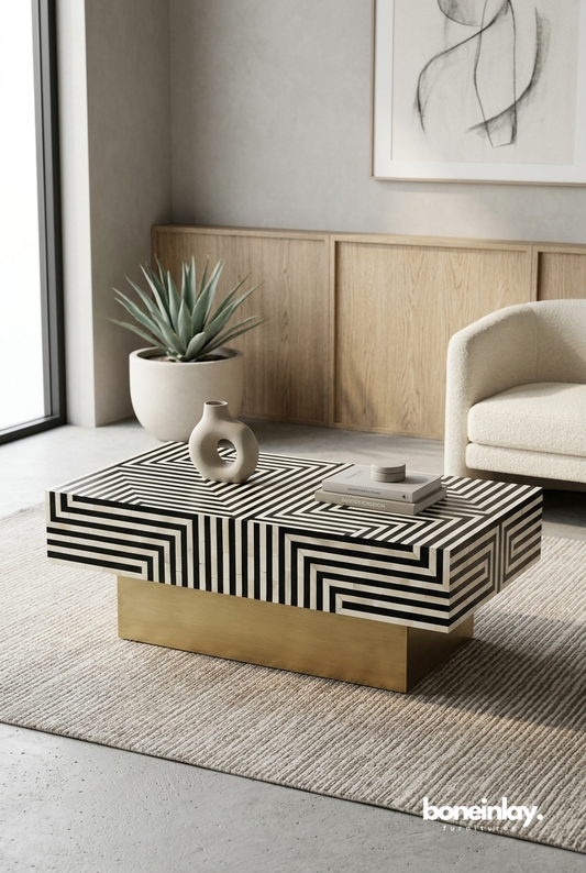 Handmade black and white optical stripe bone inlay rectangular coffee table on a gold brass plinth base in a modern living room