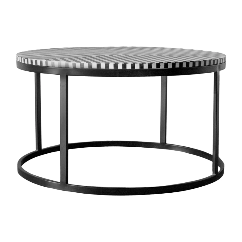 Optical stripe pattern bone inlay round center table with black metal base, geometric black and white handcrafted artisan coffee table for living room décor