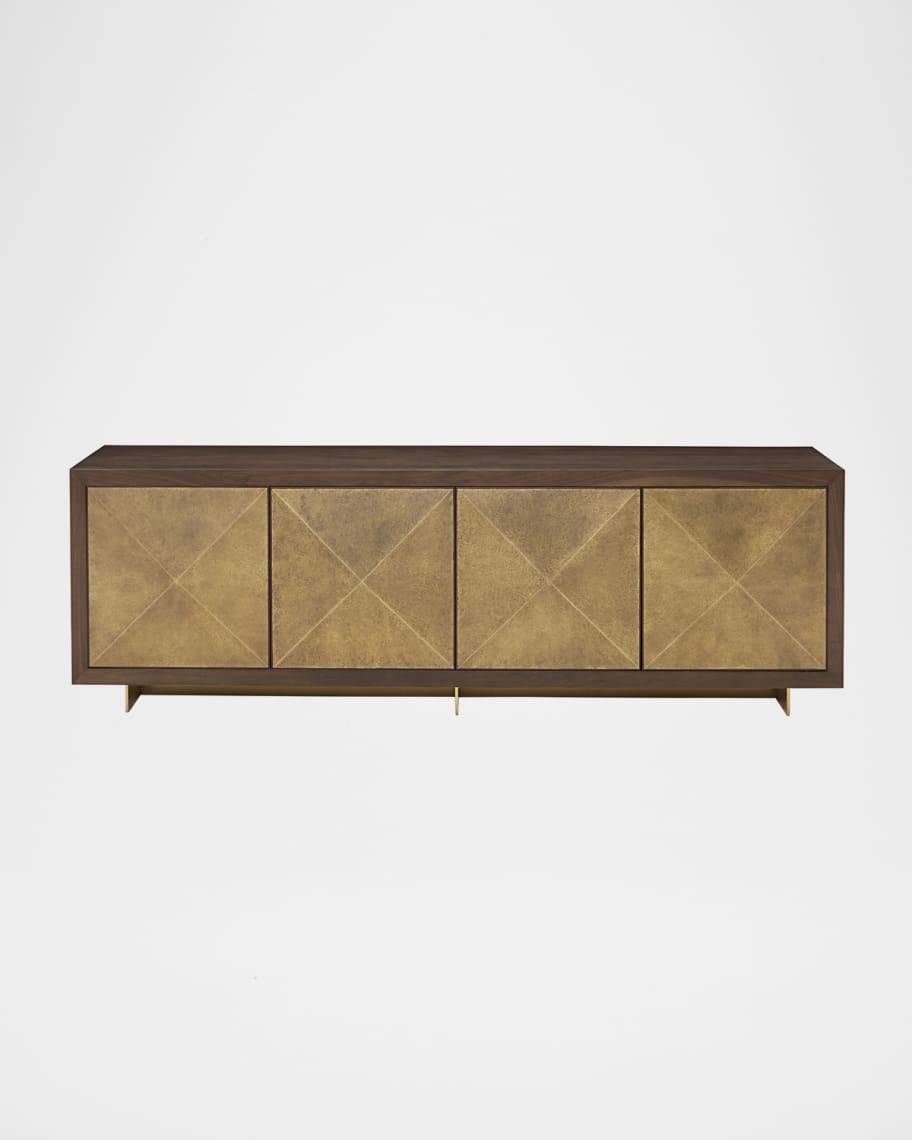 Luxury four door solid wood sideboard with 3D geometric gold diamond pattern brass door panels dark walnut frame and integrated LED underbase lighting