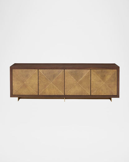 Luxury four door solid wood sideboard with 3D geometric gold diamond pattern brass door panels dark walnut frame and integrated LED underbase lighting