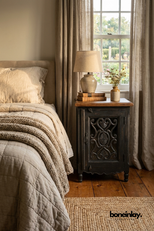 Rustic Black Wood Bedside Cabinet with Hand Carved Scrollwork Door Panel and Distressed Finish