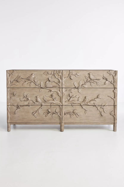 Anthrology Ornithology hand-carved six drawer dresser with bird and branch relief carvings in sand-wash finish solid wood