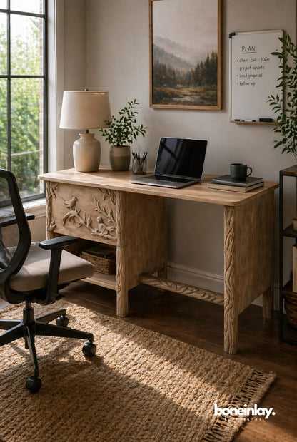 A natural-finished solid wood writing desk featuring hand-carved bird and branch motifs on the drawer and legs in a bright home office setting.
