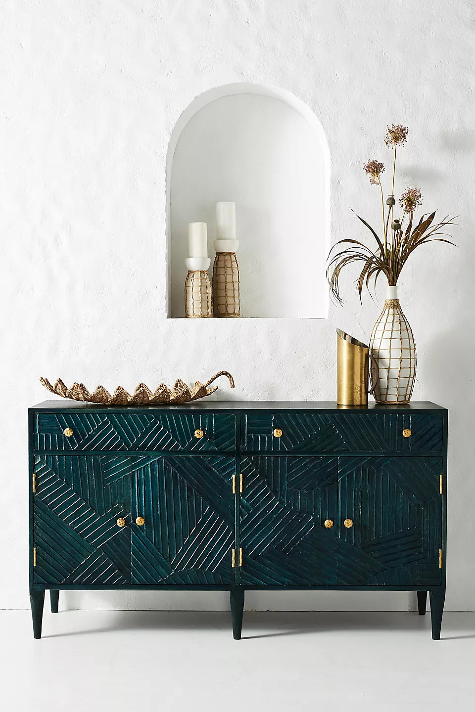 Hand Carved Wooden Anthropology Paje Buffet with Two Drawers and Four Doors
