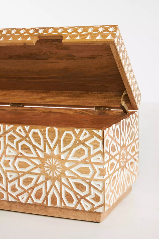 Patterned Albaron storage trunk with its hinged lid raised, showing the brown interior and carved front panel.
