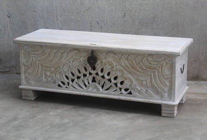 Peacock wooden hope chest with a rustic finish, front view showing the right side handle and carved feather design.