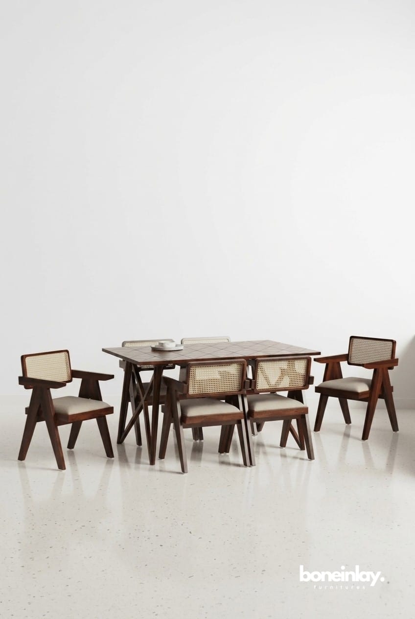 Pierre Jeanneret Cane Dining Table Set 